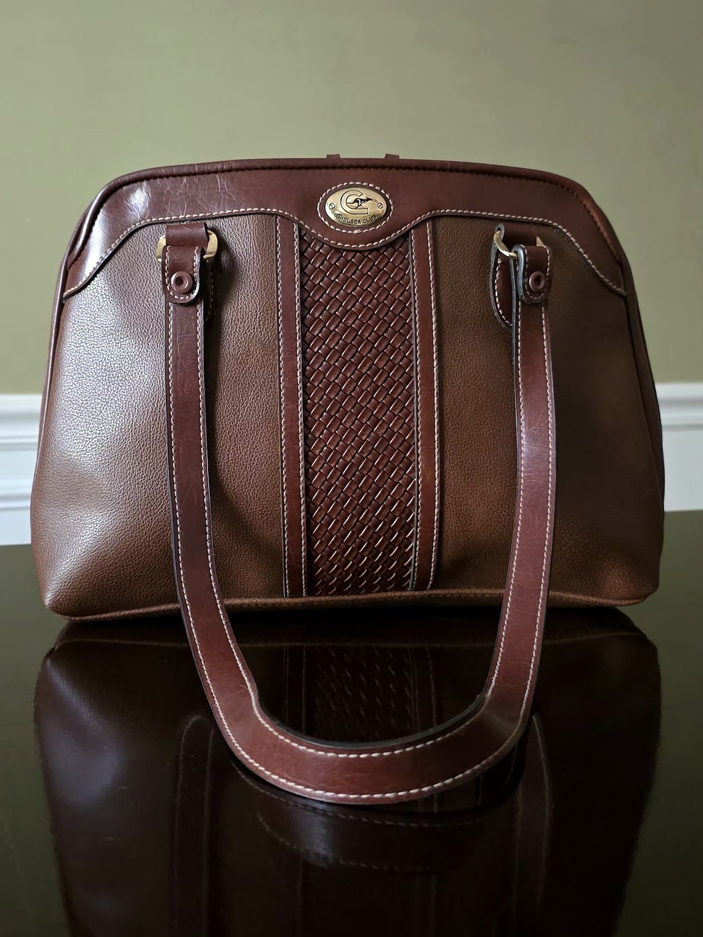Chelsea Club Brown Dual Zip Clamshell Organizer Shoulder Bag